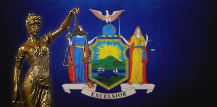 Lady Justice with New York State flag representing New York crimmigration law