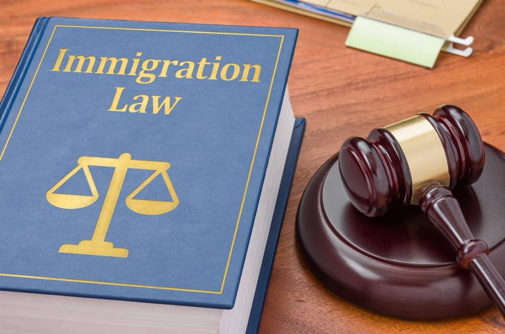 Immigration law book, judge's gavel, legal documents, and passport